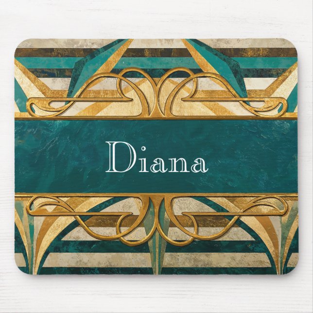 Art Deco Green and Gold Stripes Personalized Mouse Mat (Front)