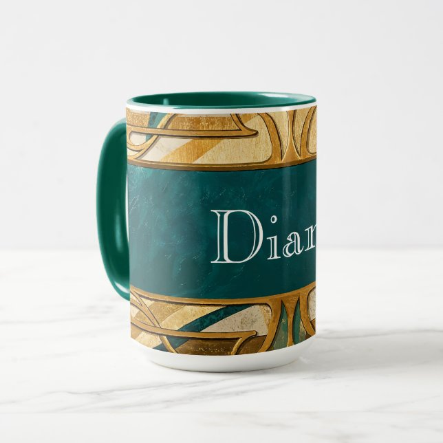 Art Deco Green and Gold Stripes Personalized Mug (Front Left)