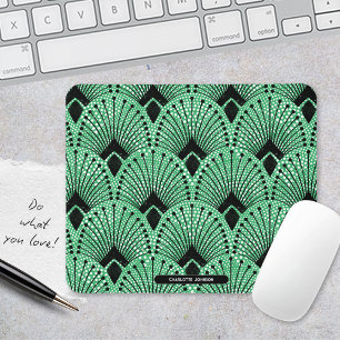 Art Deco Green Black White Retro Peacock Pattern Mouse Mat