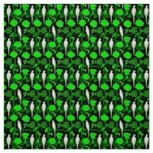 ART DECO GREEN FLOWERS AND WHITE PARROTS ON BLACK FABRIC