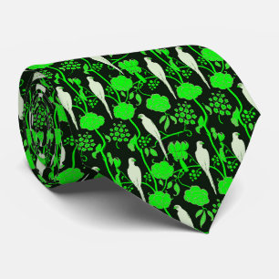 ART DECO GREEN FLOWERS,WHITE PARROTS ON BLACK TIE