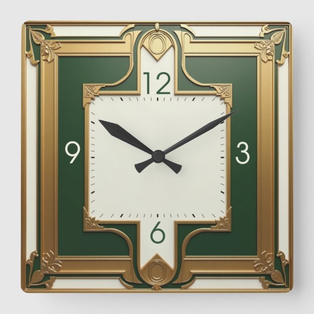 Art Deco Green Square Wall Clock (Front)