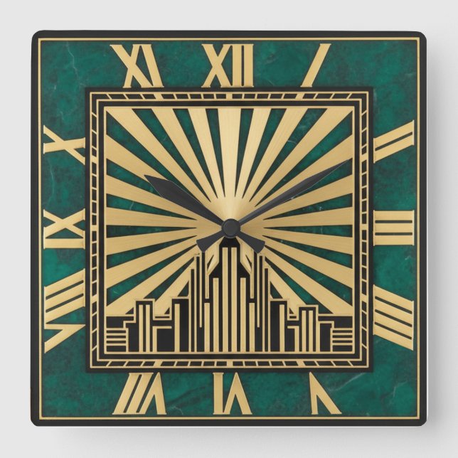 Art Deco Green Square Wall Clock (Front)