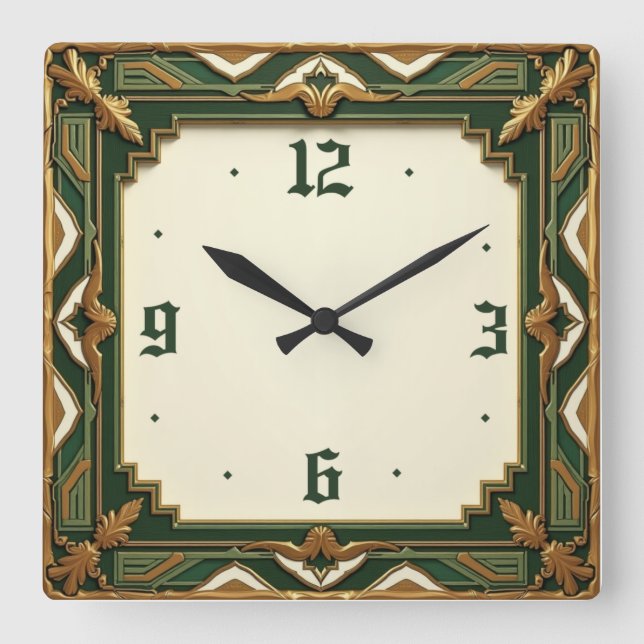Art Deco Green Square Wall Clock (Front)