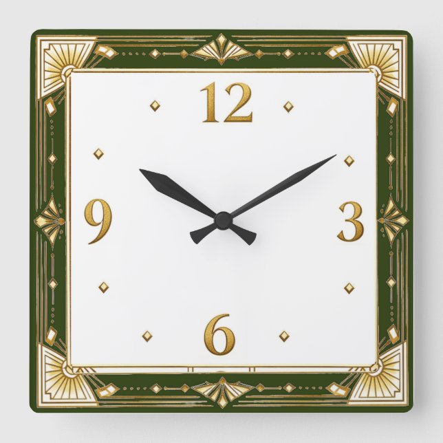 Art Deco Green Square Wall Clock (Front)