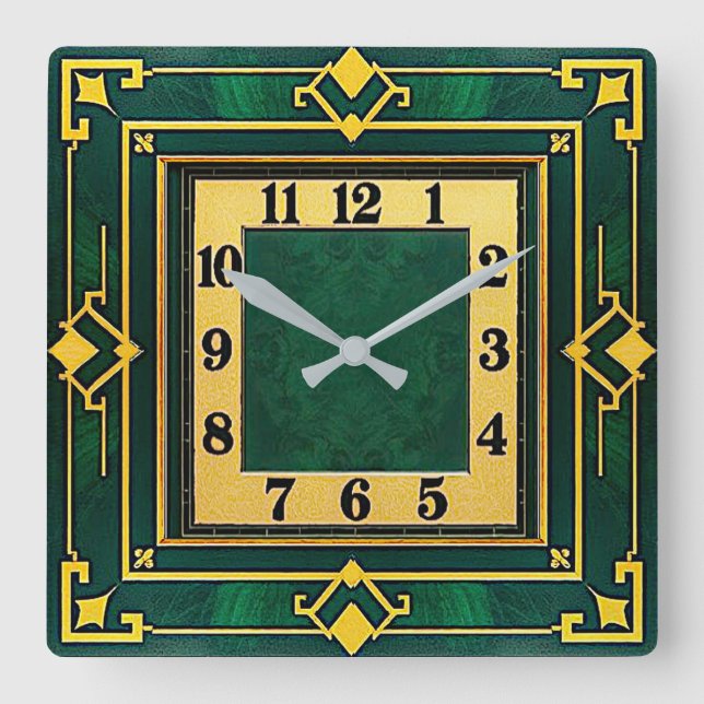 Art Deco Green Square Wall Clock (Front)