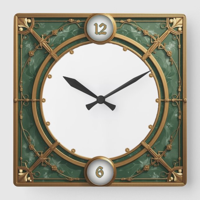 Art Deco Green Square Wall Clock (Front)