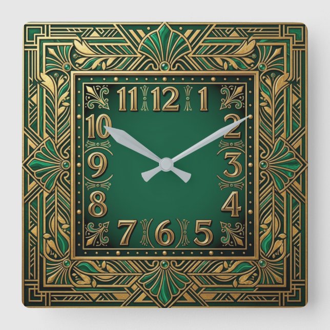 Art Deco Green Square Wall Clock (Front)