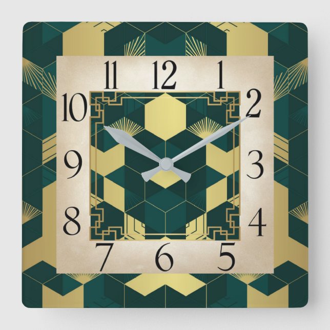 Art Deco Green Square Wall Clock (Front)