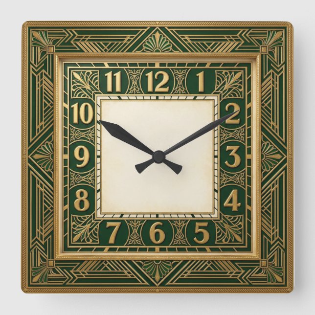 Art Deco Green Square Wall Clock (Front)