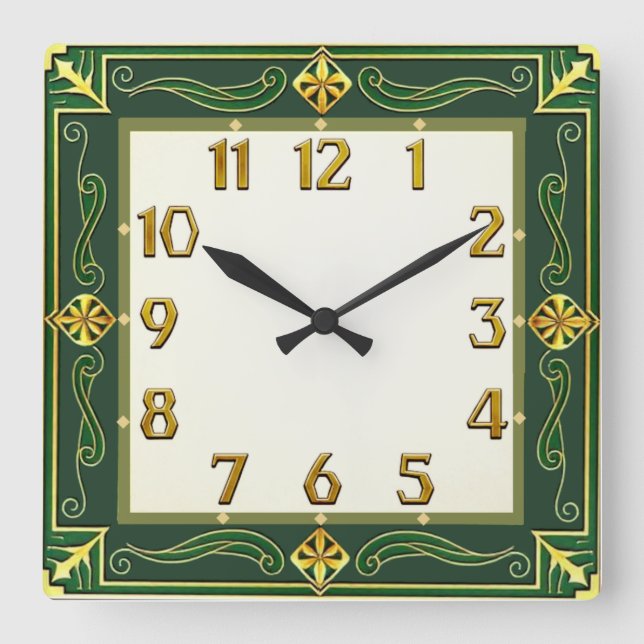 Art Deco Green Square Wall Clock (Front)