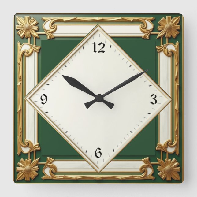 Art Deco Green Square Wall Clock (Front)