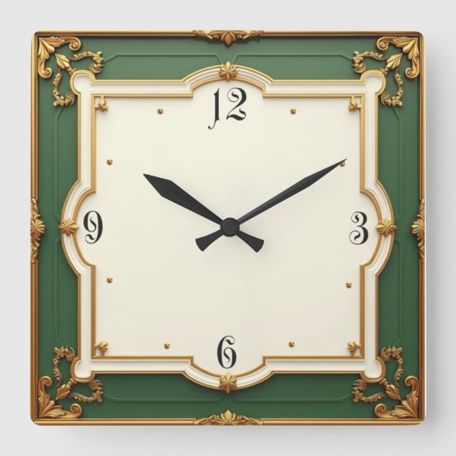 Art Deco Green Square Wall Clock (Front)