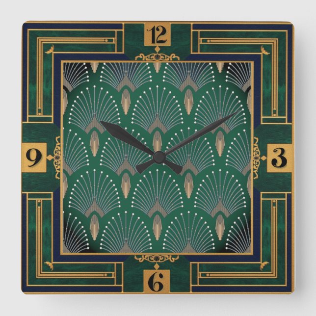 Art Deco Green Square Wall Clock (Front)
