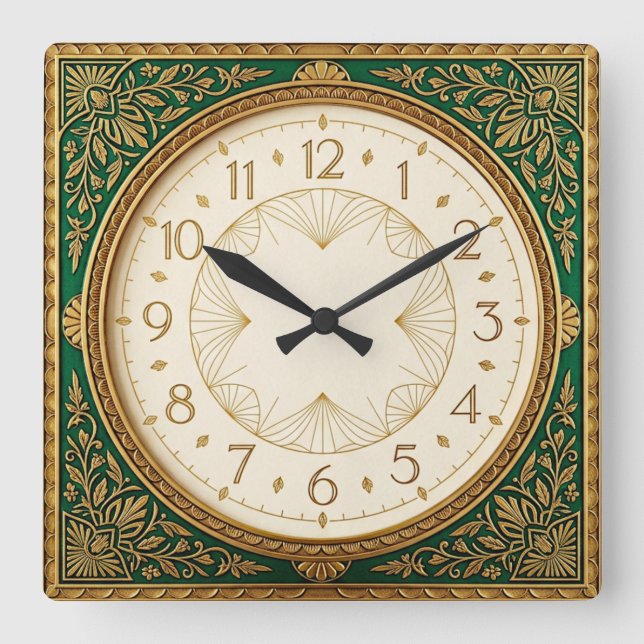 Art Deco Green Square Wall Clock (Front)