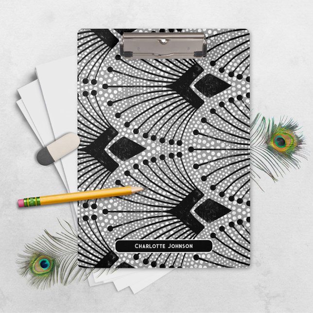Art Deco Grey Vintage Retro Peacock Pattern Clipboard (Modern Art Deco Gray Peacock Pattern Clipboard ©Susanne Sachers - Sunny Mind 🌞)