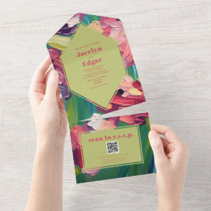 Art Deco Groovy Oil Painting Wedding QR RSVP All In One Invitation