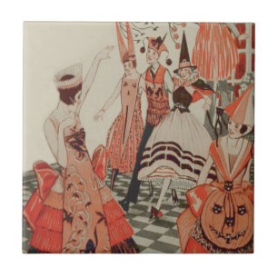 Art Deco Halloween Party Black Cat Pumpkin Tile