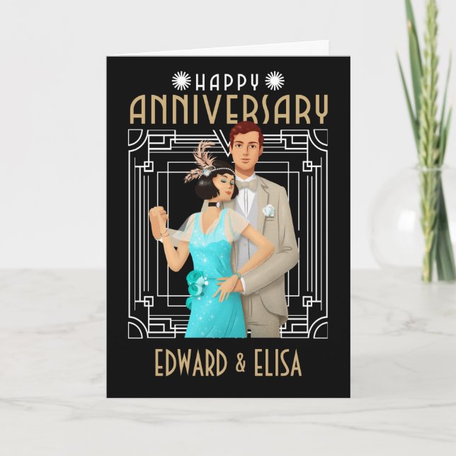 Art Deco Happy Anniversary Names Any Year Black Card (Front)