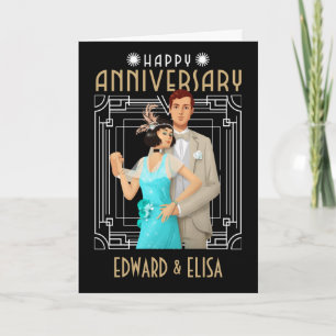 Art Deco Happy Anniversary Names Any Year Black Card
