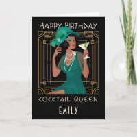 Art Deco Happy Birthday Cocktail Queen Black