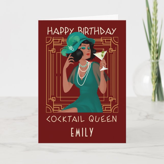 Art Deco Happy Birthday Cocktail Queen Burgundy Card (Front)