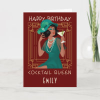 Art Deco Happy Birthday Cocktail Queen Burgundy