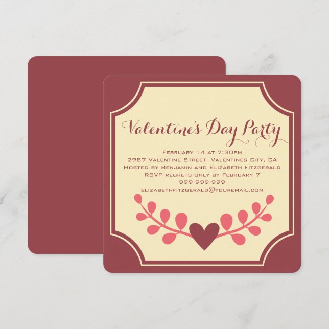 Art Deco Heart Flourish Valentines Party Invitation (Front/Back)