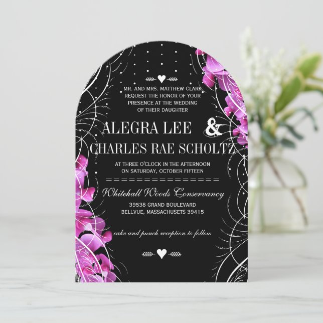 Art Deco Heirloom Sweet Pea on Black Wedding Invitation (Standing Front)