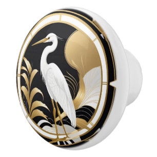 Art Deco Heron Bird Black White Gold Ceramic Knob