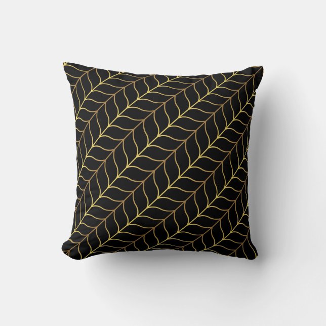 Art Deco Herringbone Gold Black Luxury Pattern Cushion (Front)