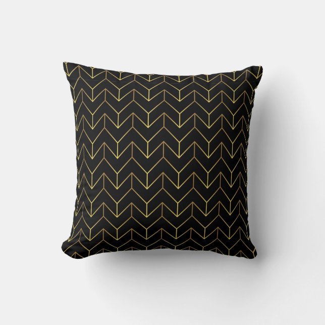Art Deco Herringbone Gold Black Pattern Cushion (Front)