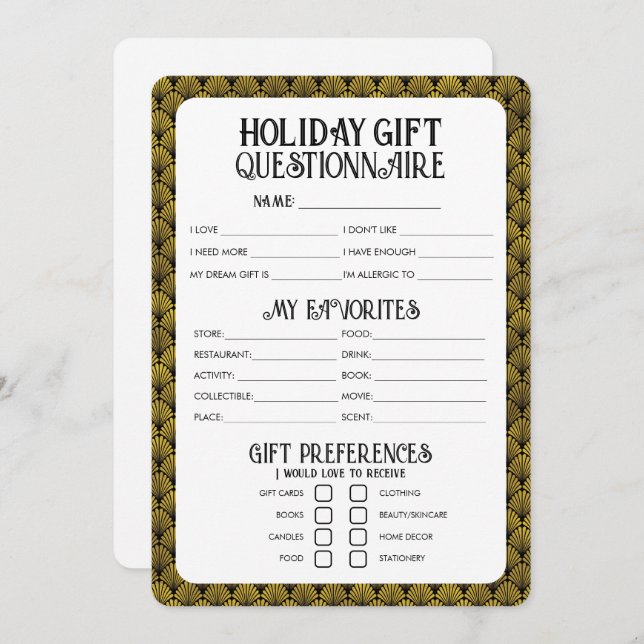Art Deco Holiday Gift Questionnaire (Front/Back)