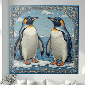 Art Deco Ice Birds Penguin Couple Snow Blue Ocean  Tile