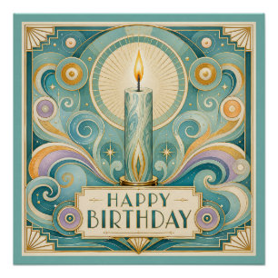 Art Deco Illuminated Candle Birthday Poster
