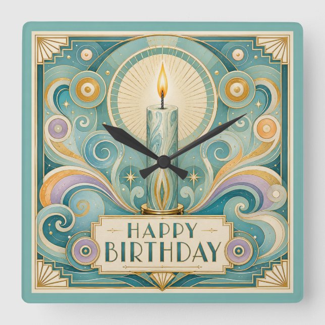 Art Deco Illuminated Candle Birthday Square Wall Clock (Front)
