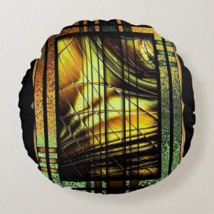Art Deco In Green And Gold Round Cushion