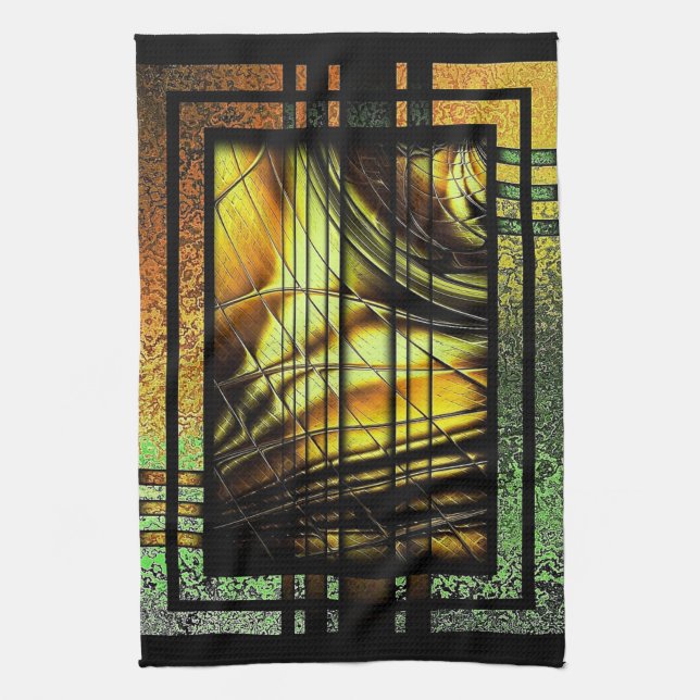 Art Deco In Green And Gold Tea Towel (Vertical)