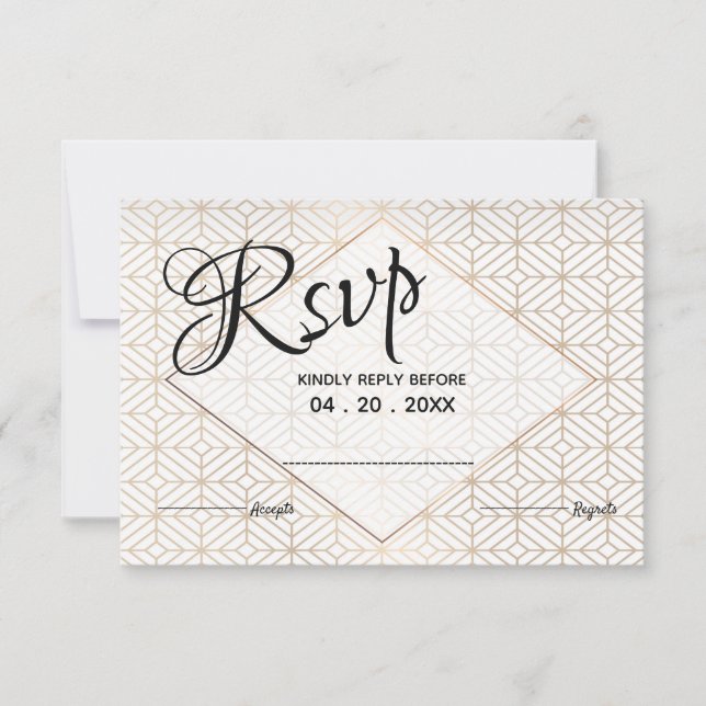 Art Deco in White and gold diamond border RSVP (Front)