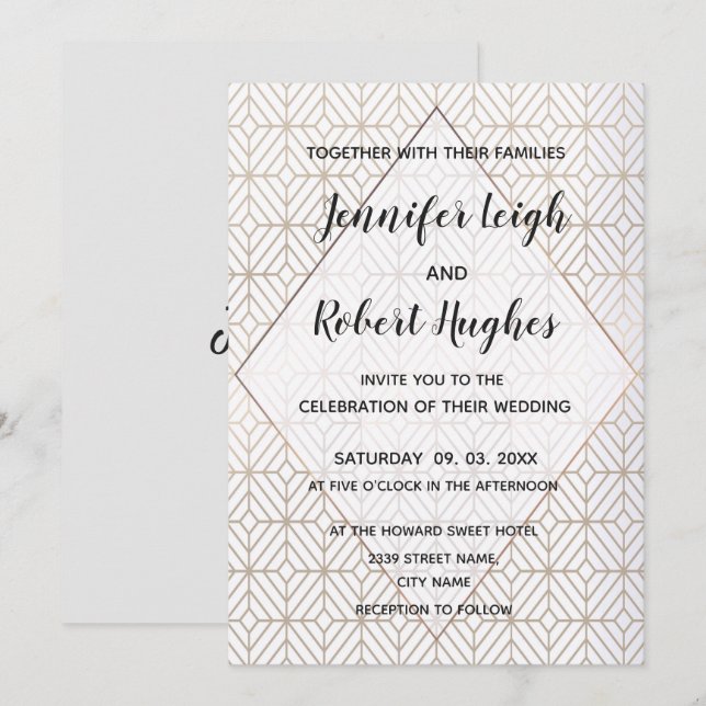 Art Deco in White and gold wedding invitation (Front/Back)