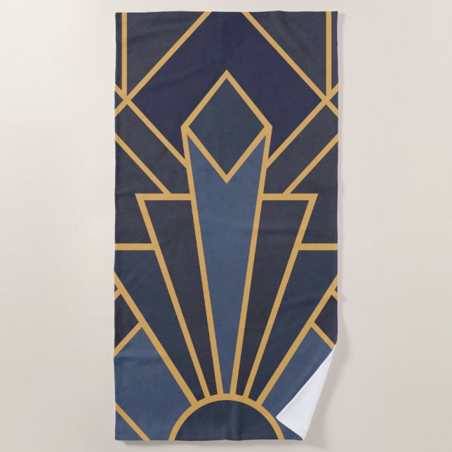Art Deco inspiration in blue and gold Beach Towel (Front)