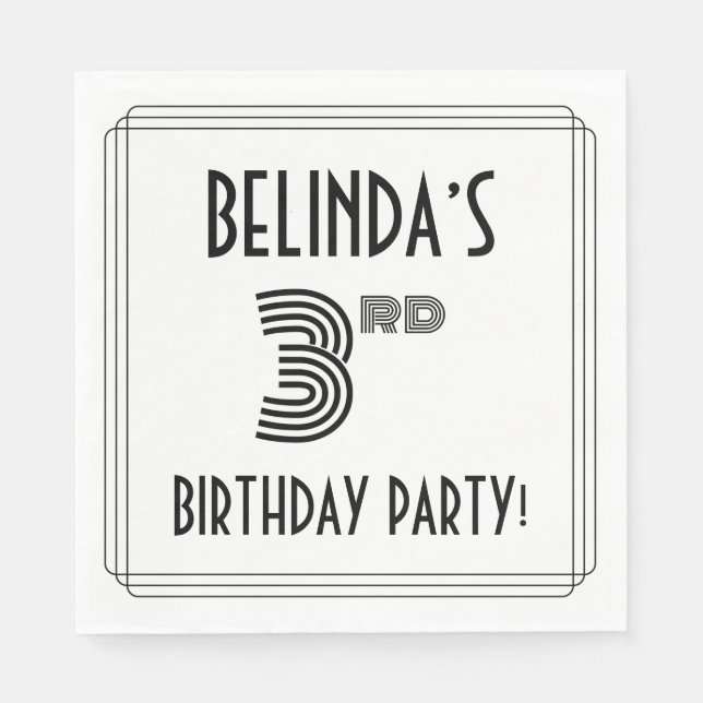 Art Deco Inspired 3rd Birthday Party, Custom Name Napkin (Front)