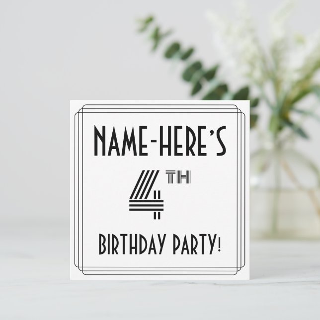 Art Deco Inspired 4th Birthday Party, Custom Name Invitation (Standing Front)