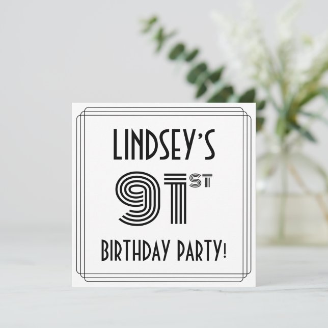 Art Deco Inspired 91st Birthday Party, Custom Name Invitation (Standing Front)