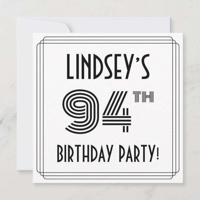 Art Deco Inspired 94th Birthday Party, Custom Name Invitation (Front)