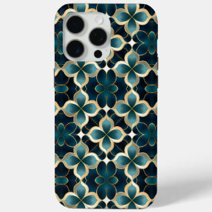 Art Deco Inspired Floral Teal Blue Gold Black  iPhone 15 Pro Max Case
