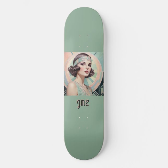 Art Deco Inspired Lady Retro Elegant Monogram Skateboard (Front)