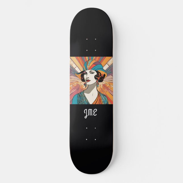 Art Deco Inspired Picture Stylish Monogrammed Skateboard (Front)