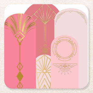 Art-Deco Inspired Pink hues send gold Square Paper Coaster