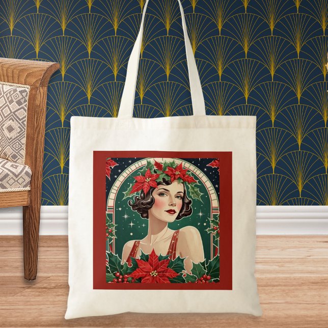 Art Deco Inspired Portrait Lady Elegant Christmas  Tote Bag (A Christmas tote bag with picture of an elegant lady, inspired by Art Deco style)